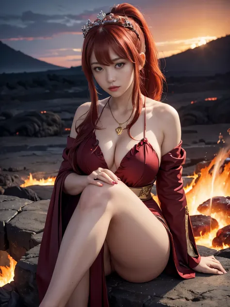 (masterpiece、8K、Super detailed、highest quality:1.5),((super cute)),best image quality,1 female,Two-dimensional beauty,(long hair,ponytail,scarlet colored hair,scarlet eyes:1.3),(active volcano crater,lava,Evening sky:1.3),(She wears a fantastic long garnet...