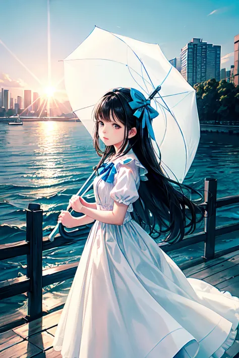 A girl in a white dress with a blue bow walks on a bridge over a river, holding an umbrella. She has long black hair and brown eyes. The photo is taken from a high angle, capturing the water and the cityscape. The sun is behind her, creating a lens flare o...