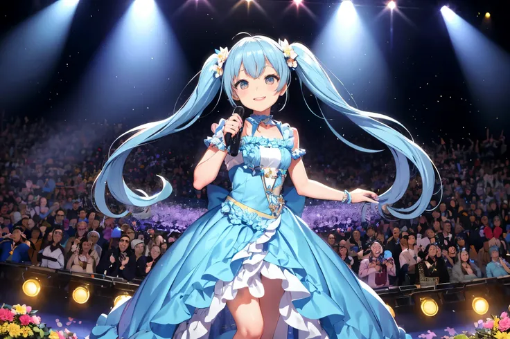 Packed crowd　Singing on a stage decorated with flowers　light blue long hair　twin tails　adorable smile　Glamorous long dress　