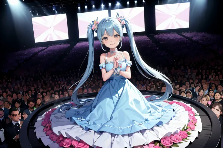 Packed crowd　Playing the piano on a stage decorated with flowers　light blue long hair　twin tails　adorable smile　Glamorous long dress　