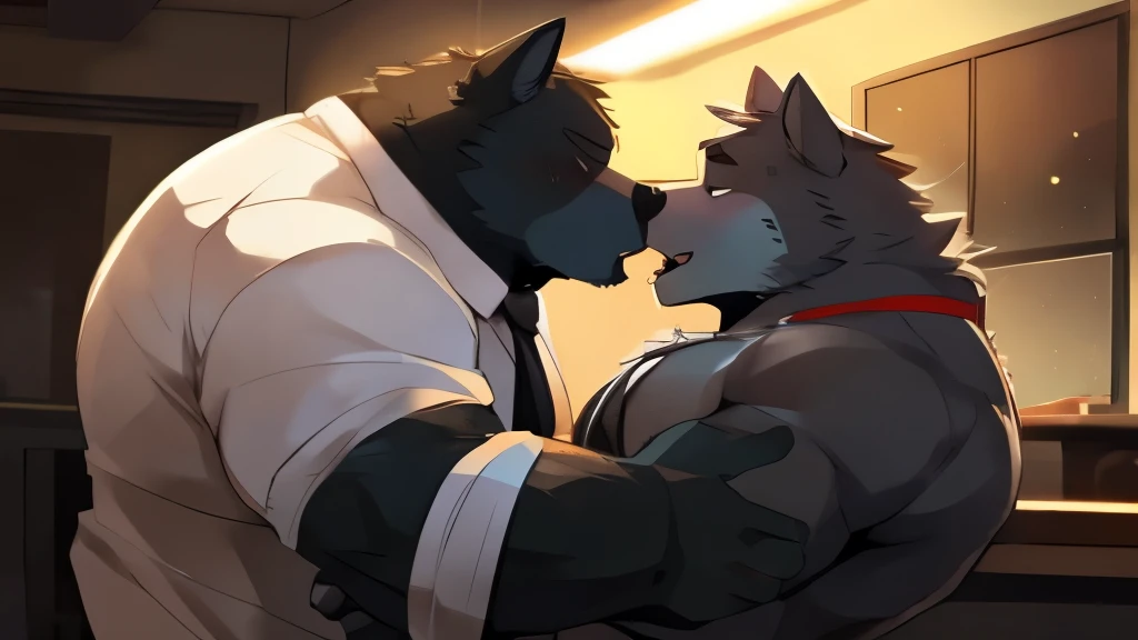 Musclechub, Chubby , male , furry, fluffy, salivating , wet,  kissing , Hug , climaxing face , clothes, wet clothes,
(Extremely Romantic atmosphere, masterpiece) , work attire, white shirt, black tie, open shirt, hairy chest exposed, sweating, break room, ...