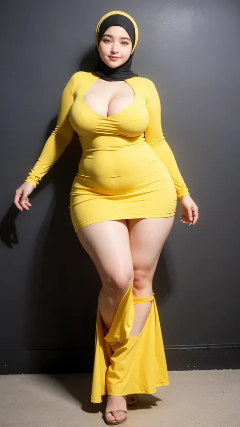 ((best quality)), ((masterpiece)), (detailed), perfect face, a woman in a yellow short sexy dress and a black hijab, thicc, she has a jiggly fat round belly, busty, thick neck, sexy dress, thick body, better known as amouranth, powerful and huge, with yell...