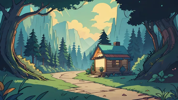 paisagem, estilo gravity falls, algumas plantas, ensolarado