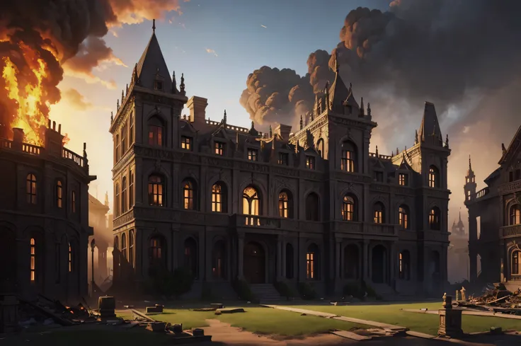 a Renaissance mansion with erotic touches that was burned down and abandoned (arte digital, arte de fantasia, Arte RPG)