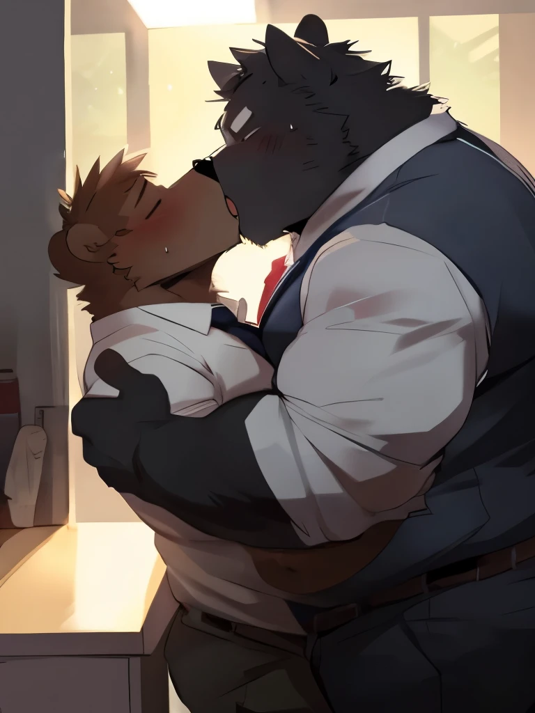 Musclechub, Chubby , male , furry, fluffy, salivating , wet,  kissing , Hug , climaxing face , clothes, wet clothes, sexual
(Extremely Romantic atmosphere, masterpiece) , work attire, white shirt, black tie, open shirt, hairy chest exposed, sweating, break...