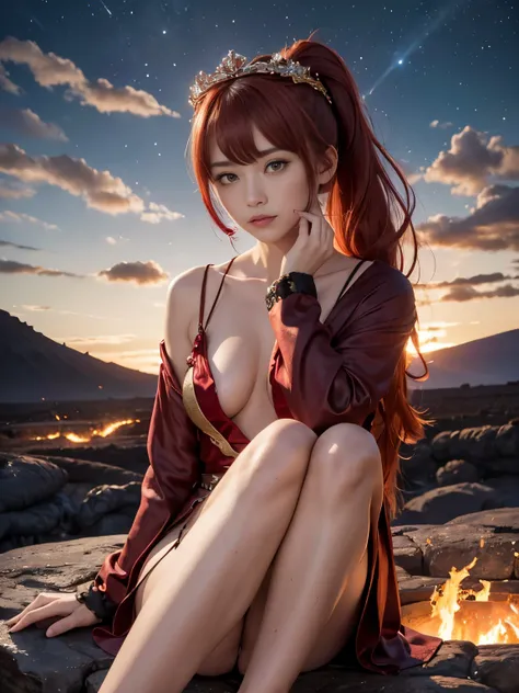 (masterpiece,8K,Super detailed,highest quality:1.5),((super cute)),best image quality,1 female,Two-dimensional beauty,(long hair,ponytail,scarlet colored hair,scarlet eyes:1.3),(active volcano crater,lava,Evening sky:1.3),(She wears a fantastic long garnet...