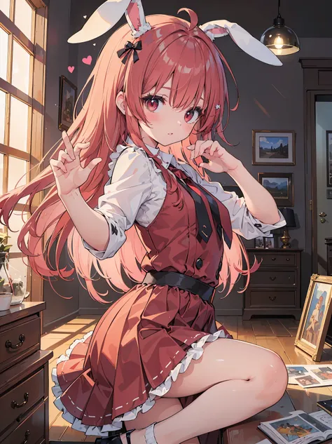 highest quality, masterpiece, 1 girl, solo, very long hair, Detach sleeve, red eyes, red hair, 赤いribbon, red skirt, red dress, red tie, Bunny ears, blush, dull bangs, parted lips, ahoge, look at viewer, simple background, more_details:1.5 break ピンクの可愛い部屋、p...