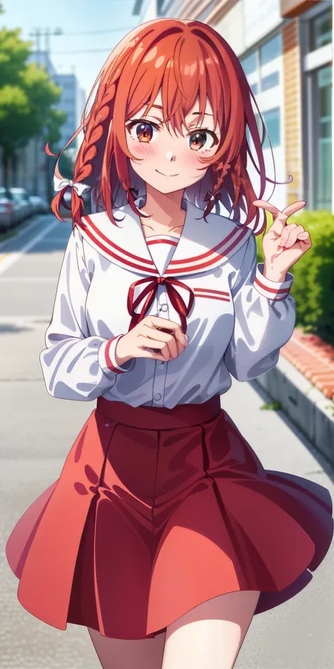 2d, masterpiece, best quality, anime, highly detailed, 1girl, solo, cowboy shot, sumi, single braid, side braid, hair bow, white bow, white shirt, long sleeves, sailor collar, red ribbon, red skirt, pleated skirt, embarrassed, blush, smile, outdoors