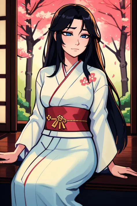 beautifully detailed eyes, flowing black hair, elegant posture, delicate cherry blossom petals, traditional japanese garden, sof...