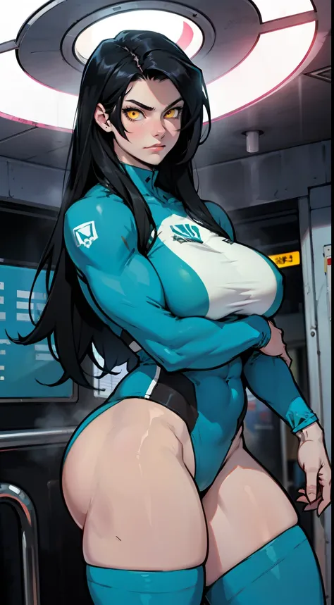 breasts huge muscles huge thighs solo girl black hair extremely long hair pale skin expressionless subway yellow eyes huge huge huge skintight dark atmosphere solo solo