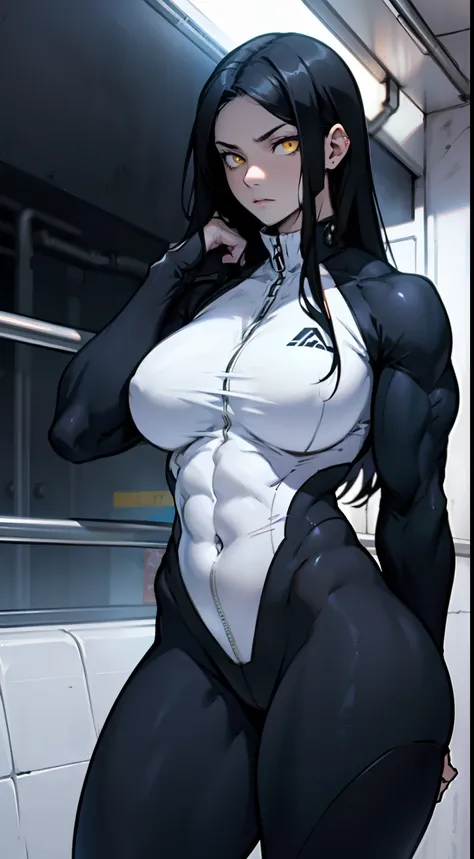 breasts huge muscles huge thighs solo girl black hair extremely long hair pale skin expressionless subway yellow eyes huge huge huge skintight dark atmosphere solo solo