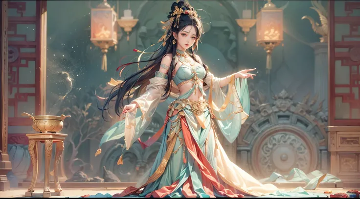 (best quality, masterpiece, Extremely detailed CG, Game CG:1.5), 1 girl, whole body, An extremely delicate and beautiful girl, Extremely detailed eyes and face, Beautiful and detailed light,(Dunhuang_clothing， overexposure，Feitian)，Dunhuang_style，Dunhuang_...