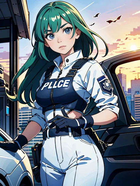 (((pixel-perfect, detail-perfect))), 1girl, solo focus, canadian police officer, swat uniform, swat gear, pants, green hair, lon...