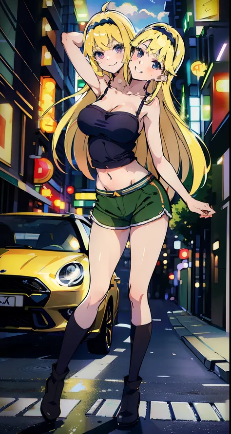 bbest quality, (masterpiece),(ultra-detailed), (high quality), (high resolution), (2heads:1.5) Gal, blonde shorthair, (violet long hair), large breasts, thighs, shorts, cleavage, green mini shorts, blue headband (close shot),best quality:1.5, highres, UHD,...