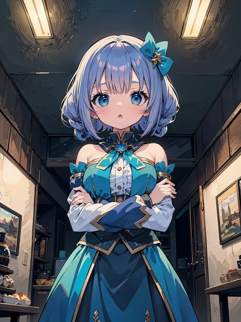 masterpiece, best quality, ultra-detailed, epic lighting, cinematic composition, anime coloring, 2d, anime, 1girl, solo, medium breasts, hair ornament, hair rings, (blue shirt:1.1), green bow, detached sleeves, bare shoulders, blue skirt, looking at viewer...