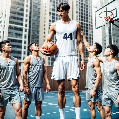 an extremely tall young chinese-looking giant , handsome, athletic, low tapercut,  short straight black hair, soft eyes, playing...