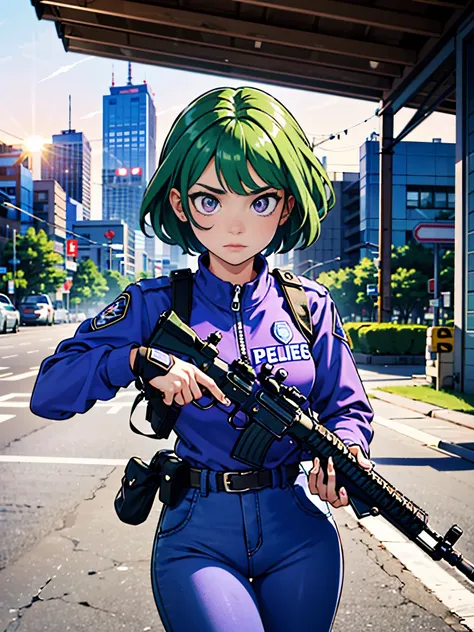 (((pixel-perfect, detail-perfect))), 1girl, solo focus, canadian police officer, swat uniform, swat gear, pants, green hair, sho...