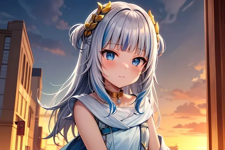 ((4k,masterpiece,best quality,ultra detailed eyes,ultra detailed image,cinematic light,ray tracing)),1girl, solo(cute,kawaii,lolii:1.4),((gawr gura,gura_atlantis,gradient dress,laurel crown)),outdoors,cityscape,(citylight:1.2),sunrise,seas,light smile,dyna...