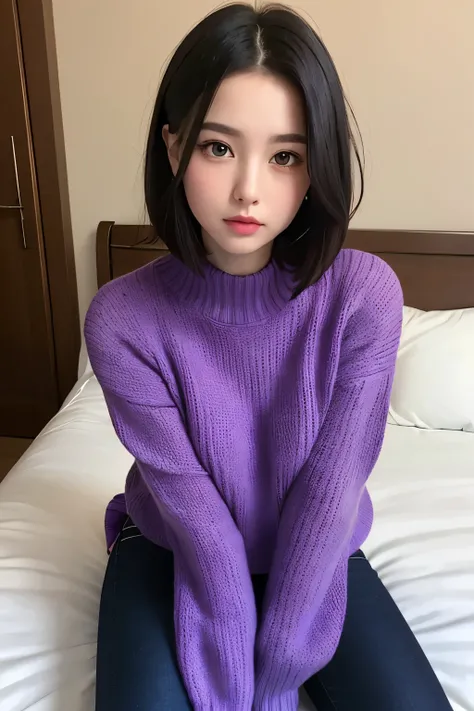 ((Best quality)), ((masterpiece)), (detailed), perfect face, European girl with short hair, Black hair, Purple eyes, Girl in sweater, ((in black jeans)), ((In purple socks))