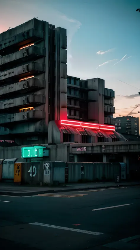 neo punk city ((( there is a brutalist minimalist concrete building in the foreground with neon lights))) ,((( AT dawn ))) 