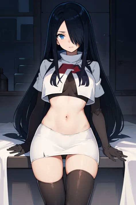 1girl, solo, (masterpiece, best quality:1.4), extremely detailed face, perfect lighting, pawoonekoyanagi, hair over one eye, very long hair, black hair, blue eyes, scar, burn scar, team rocket,team rocket uniform,white skirt,crop top,black thigh-highs,blac...