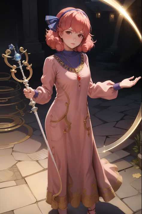 masterpiece, best quality, genny, hairband, necklace, long dress, looking at viewer, holding magic staff