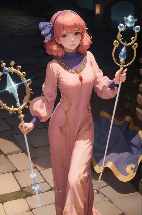 masterpiece, best quality, genny, hairband, necklace, long dress, looking at viewer, holding magic staff