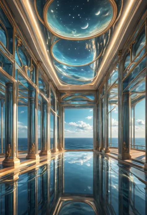 （best quality，4K，high-rise building）。Optical Illusion Art Museum，mirror maze，Reflective surface，Sparkling water，sunlight reflections，mysterious atmosphere，ethereal beauty，Dazzling light effects，excellent，Unreal landscape，complex path，Mirrored corridor，seem...