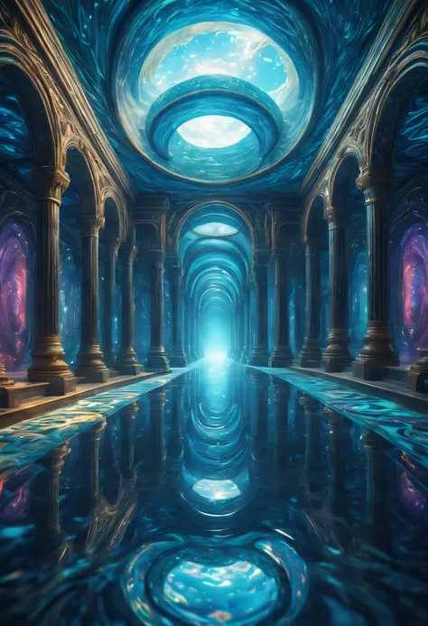 (best quality,4K,high resolution),mirror maze,Reflective surface,Sparkling water,sunlight reflections,mysterious atmosphere,ethereal beauty,Dazzling light effects,dreamlike,Unreal landscape,complex path,Mirrored corridor,seemingly endless corridors,charmin...