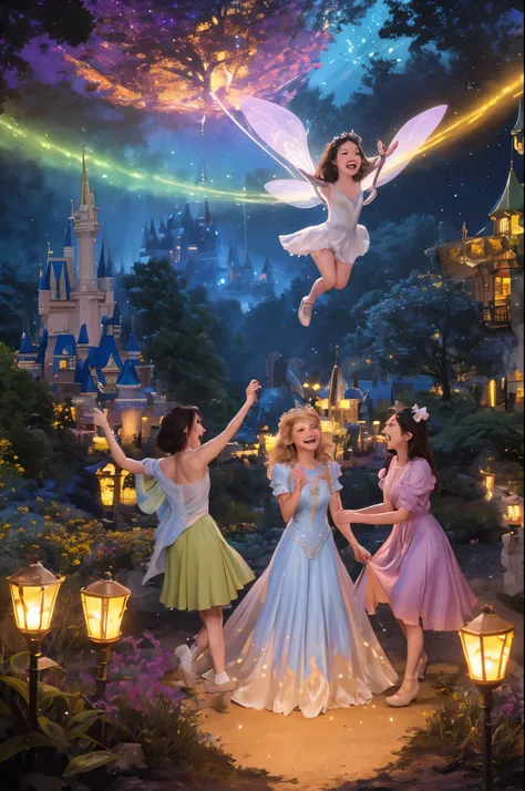 (best quality,highres),Kathleen Kennedy with wings flying through Disney Land,ugly goblin transformation,man-hating lesbian princesses,rainbow dildo wand,stunning scenery,golden castle,enchanted forests,colorful lights,princess dresses,innocent smiles,magi...