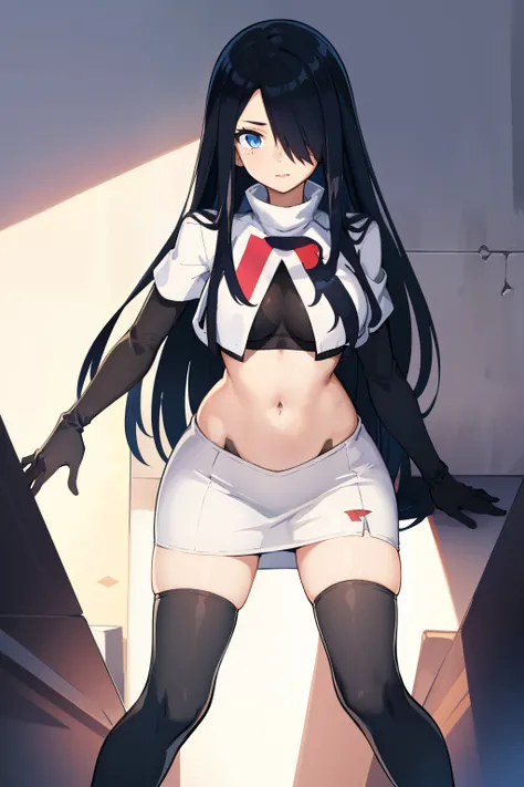 1girl, solo, (masterpiece, best quality:1.4), extremely detailed face, perfect lighting, pawoonekoyanagi, hair over one eye, very long hair, black hair, blue eyes, scar, burn scar, team rocket,team rocket uniform,white skirt,crop top,black thigh-highs,blac...