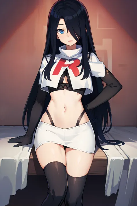 1girl, solo, (masterpiece, best quality:1.4), extremely detailed face, perfect lighting, pawoonekoyanagi, hair over one eye, very long hair, black hair, blue eyes, scar, burn scar, team rocket,team rocket uniform,white skirt,crop top,black thigh-highs,blac...