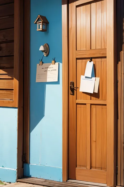 a wooden door standing alone in the blue clear sky, clouds around, a letter hanging on the door knob.