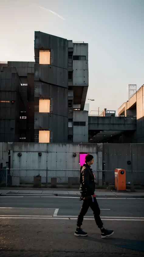 neo punk city ((( there is a brutalist minimalist concrete building in the foreground with neon lights))) ,((( AT dawn ))) 