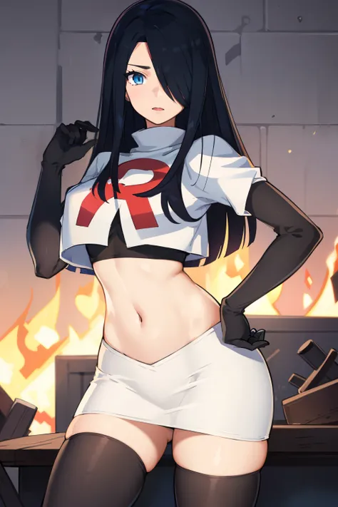 1girl, solo, (masterpiece, best quality:1.4), extremely detailed face, perfect lighting, pawoonekoyanagi, hair over one eye, very long hair, black hair, blue eyes, scar, burn scar, team rocket,team rocket uniform,white skirt,crop top,black thigh-highs,blac...