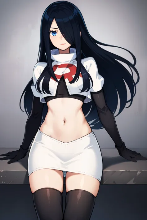 1girl, solo, (masterpiece, best quality:1.4), extremely detailed face, perfect lighting, pawoonekoyanagi, hair over one eye, very long hair, black hair, blue eyes, scar, burn scar, team rocket,team rocket uniform,white skirt,crop top,black thigh-highs,blac...