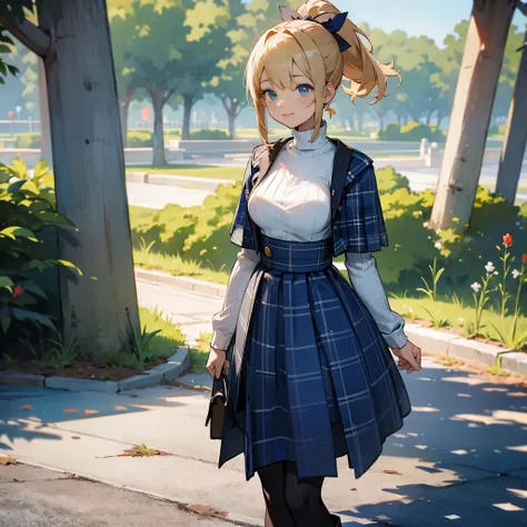 (high quality, high resolution, Super detailed, Reality:1.37), peaceful atmosphere, (outdoor, garden), Teenage girl standing alone, (My breasts are big.), Beautiful detailed features, cute smile, (Blonde ponytail), ribbed sweater, blue plaid skirt, Black t...