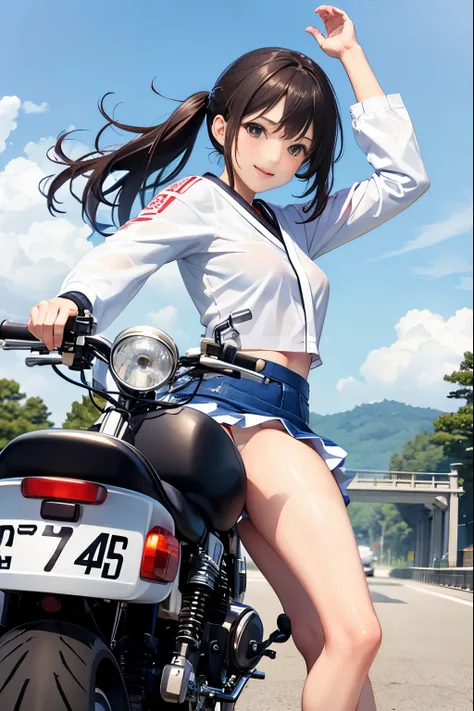 Japan  riding motorcycle,super mini skirt、white panties、Happy!!!, , motorcycle,[ realistic pictures ]!!, High resolution,No sleeve、white panties