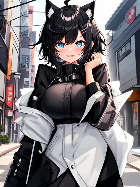 , looking at the viewer, walk around town、1 girl, open your mouth, smile, Virtual YouTuber、with a girl、((highest quality, expensive_solve, clear_image)),(black hair), (black cat ears), (Ahoge), (ridiculously short hair), (wavy hair), (blue eyes),、laughter、...