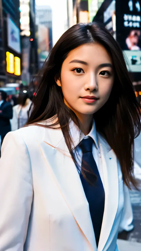 High-definition images,　long hair、woman、white suit、slender、25 years old、High quality images of Japanese faces details and whole bodies、New York&#39;s Wall Street in the background