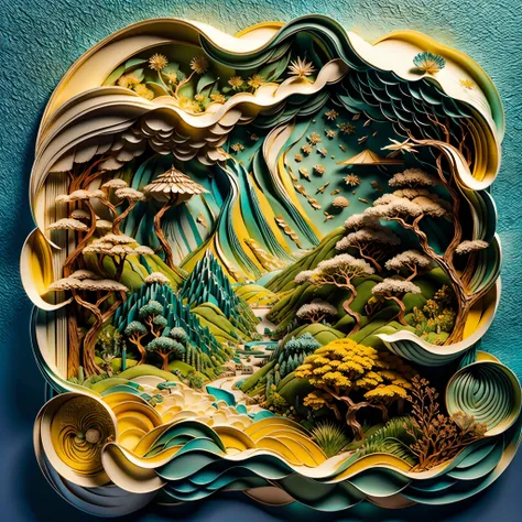 paper_cut natural and organic depictions of vast landscapes，sky and steppe，ikebana，clouds，extremely windy，features earth tones a...