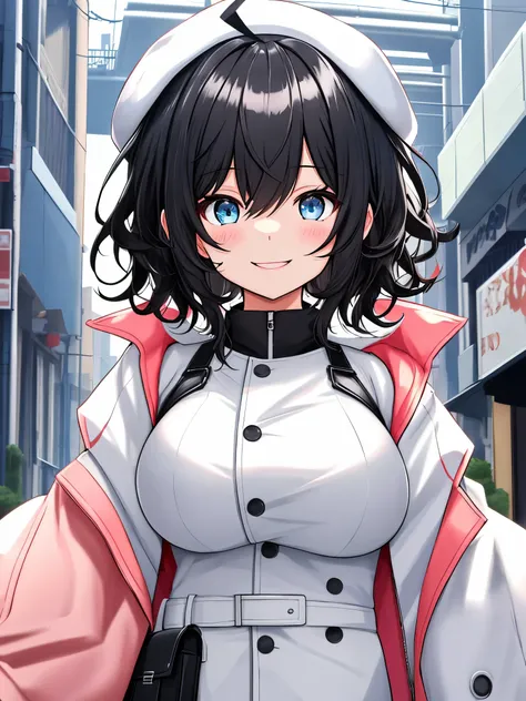 , looking at the viewer, walk around town、1 girl, open your mouth, smile, Virtual YouTuber、with a girl、((highest quality, expensive_solve, clear_image)),(black hair), (Ahoge), (ridiculously short hair), (wavy hair), (blue eyes),、laughter、very big breasts、w...