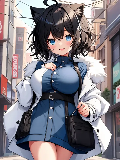 , looking at the viewer, walk around town、1 girl, open your mouth, smile, Virtual YouTuber、with a girl、((highest quality, expensive_solve, clear_image)),(black hair), (Ahoge), (ridiculously short hair), (wavy hair), (blue eyes),、laughter、very big breasts、w...