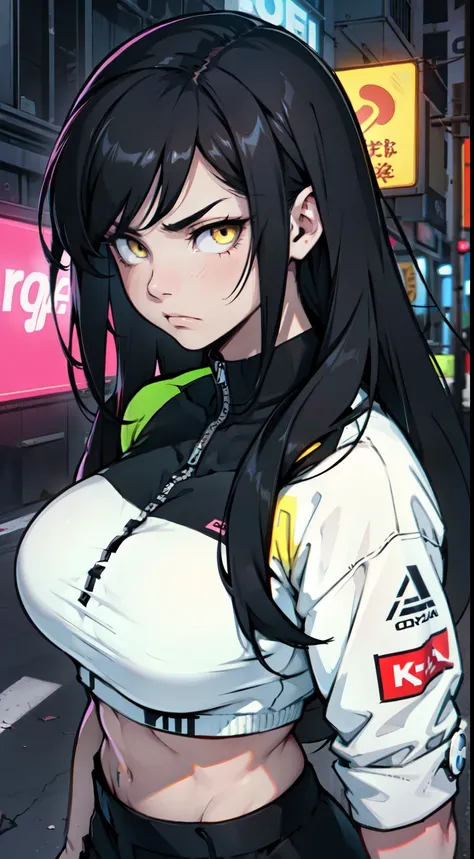 sad pale muscular girl massive breasts hair black hair yellow eyes extremely long hair sad neon clothes