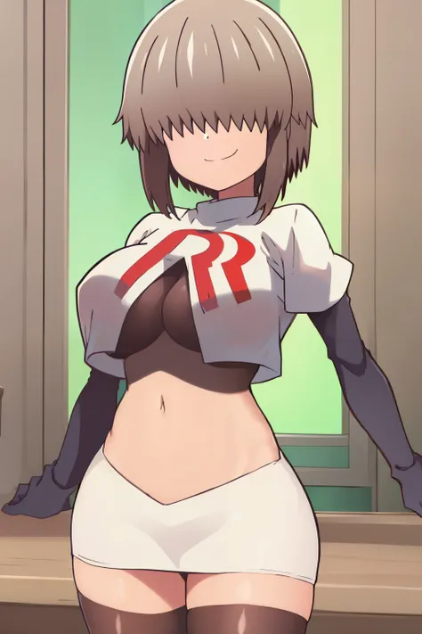 1girl, solo, smile, yanagi, short hair, bangs, shirt, grey hair, hair over eyes, long bangs, covered eyes, cowboy shot, large breasts, looking at viewer, team rocket,team rocket uniform,white skirt,crop top,black thigh-highs,black elbow gloves,