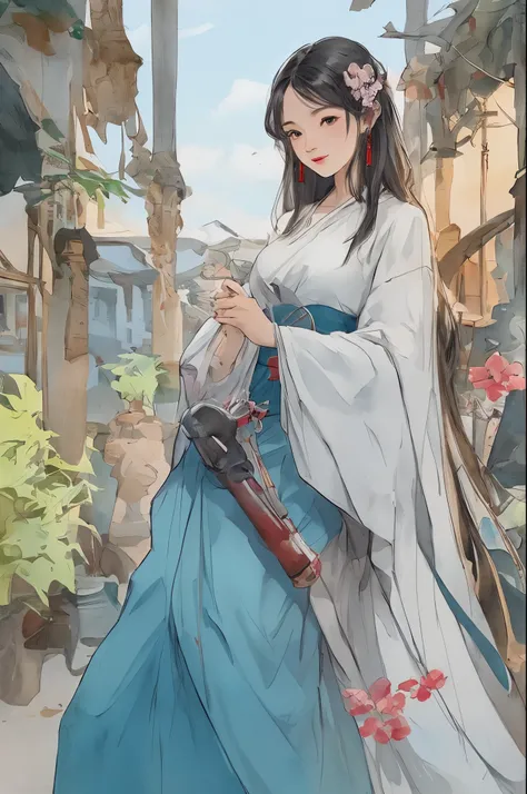 liuyifei, ((watercollustration:1.1),(best quality),(masterpiece:1.1),(extremely detailed CG unity 8k wallpaper:1.1), (colorful:0.8),(panorama shot:1.4),(solo:1.2), (ink splashing),(color splashing), clear sharp focus,{ 1girl standing },pony tail, long hair...