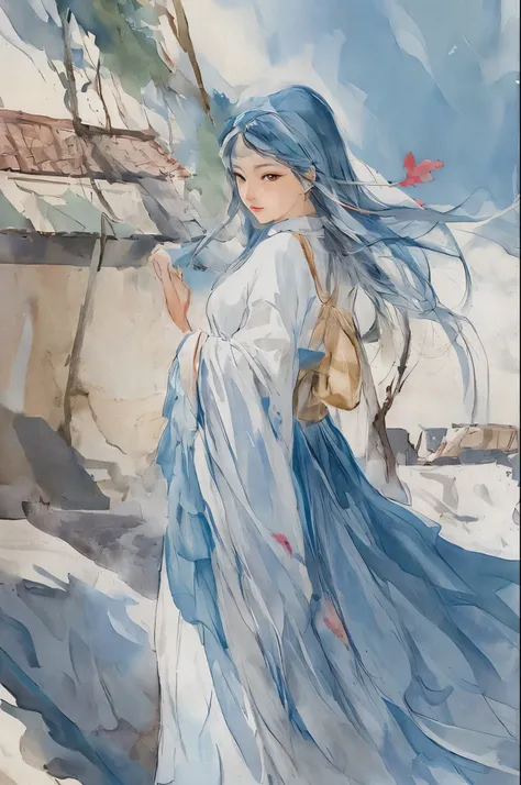 liuyifei, ((watercollustration:1.1),(best quality),(masterpiece:1.1),(extremely detailed CG unity 8k wallpaper:1.1), (colorful:0.8),(panorama shot:1.4),(solo:1.2), (ink splashing),(color splashing), clear sharp focus,{ 1girl standing },pony tail, long hair...