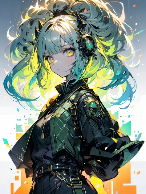 ((live 2D)) masterpiece, 1girl, full body, stands straight, steampunk clothes, military clothing, looking at viewer, detailed face, girl with green wavy hair, bangs, metal sheep horns, gradient hair, multicolored hair, light green hair, turquoise hair tips...