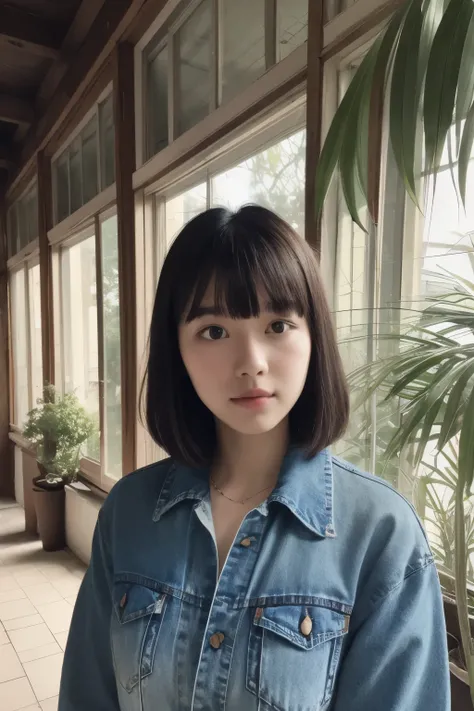 35mm vintage film, 
blurry_background, rays, 
portrait, A 18 year old Girl, casual shirt, denim, 
bangs cut hair,  wasteland house, indoor, plant, rim light, 