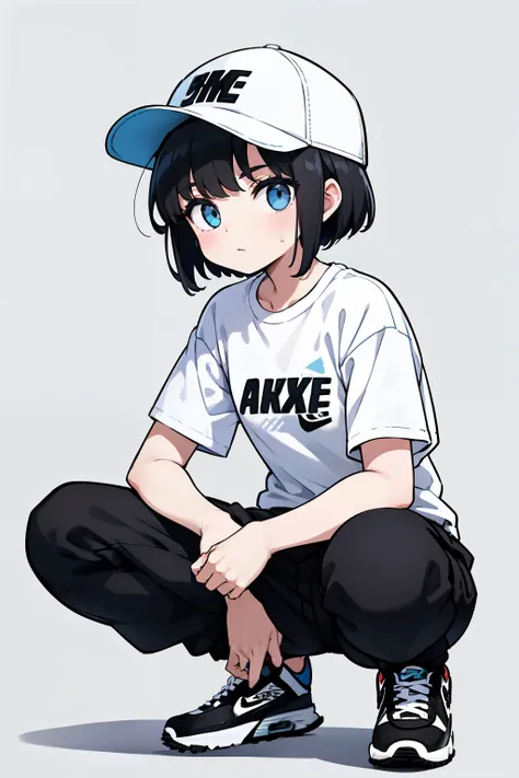 1girl, solo, blue eyes, (detailed eyes), flat chest, short hair, black hair, baseball cap, white cap, white t-shirt, simple t-shirt, cargo pants, sweatpants, black pants, squatting, black shoes, air max, ((air max 90)), full body, (white background), looki...